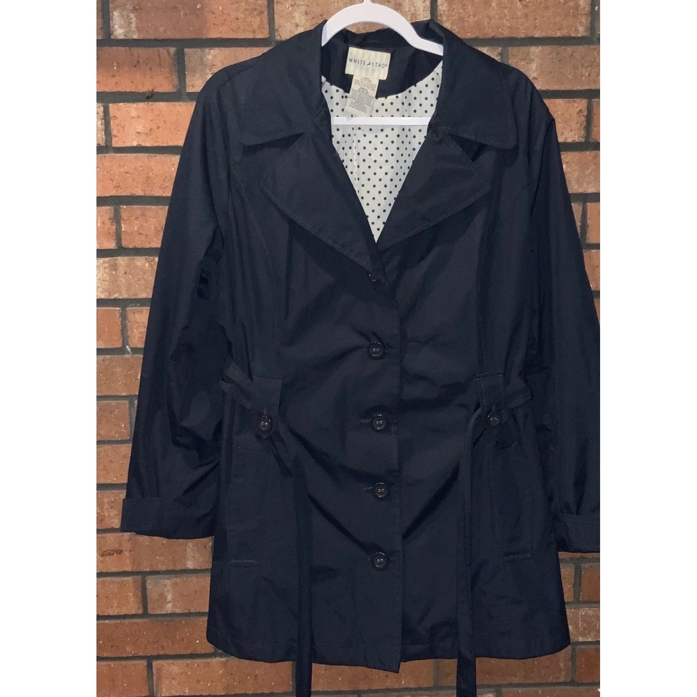 White Stag Womens Dark Navy Blue Belted Trench Coat Polka Dot Lining XL (16/18)